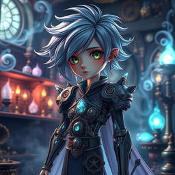 A mechanical doll designed in a fantasy anime style, featuring a male character with unique and intricate details
