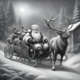 A charming black and white graphite pencil drawing in the style of Disney cartoons, featuring Santa Claus in his sleigh being pulled by reindeer