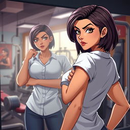 A character named Mathilda, featuring a young woman with striking features and a confident body language, wearing a white shirt while posing and looking at herself in a gym's mirror