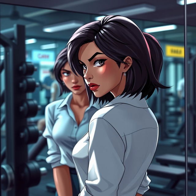 A character named Mathilda, featuring a young woman with striking features and a confident body language, wearing a white shirt while posing and looking at herself in a gym's mirror