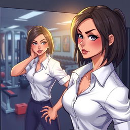 A character named Mathilda, featuring a young woman with striking features and a confident body language, wearing a white shirt while posing and looking at herself in a gym's mirror