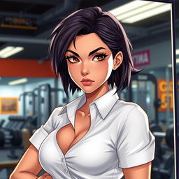 A character named Mathilda, featuring a young woman with striking features and a confident body language, wearing a white shirt while posing and looking at herself in a gym's mirror