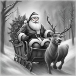 A charming black and white graphite pencil drawing in the style of Disney cartoons, featuring Santa Claus in his sleigh being pulled by reindeer