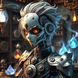 A mechanical doll designed in a fantasy anime style, featuring a male character with a prominent mechanical face that combines elegance and intricacy