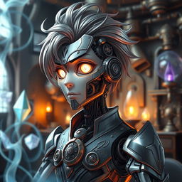 A mechanical doll designed in a fantasy anime style, featuring a male character with a prominent mechanical face that combines elegance and intricacy