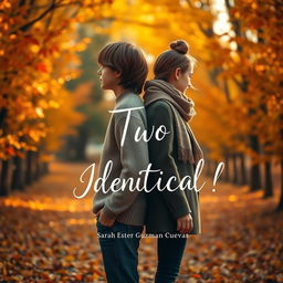 An autumn scene showcasing a boy and a girl standing back to back, surrounded by a vibrant display of fall foliage in shades of orange, yellow, and red