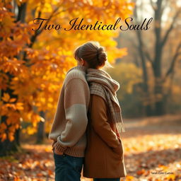 An autumn scene showcasing a boy and a girl standing back to back, surrounded by a vibrant display of fall foliage in shades of orange, yellow, and red