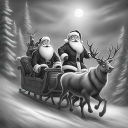 A charming black and white graphite pencil drawing in the style of Disney cartoons, featuring Santa Claus in his sleigh being pulled by reindeer