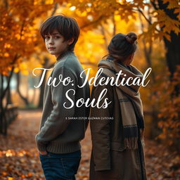 An autumn scene showcasing a boy and a girl standing back to back, surrounded by a vibrant display of fall foliage in shades of orange, yellow, and red