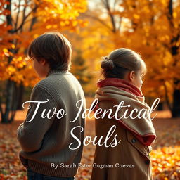 An autumn scene showcasing a boy and a girl standing back to back, surrounded by a vibrant display of fall foliage in shades of orange, yellow, and red