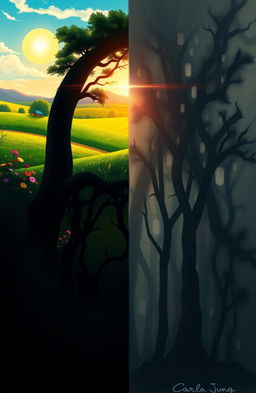 A digital painting illustrating Carl Jung's concept of shadow work, featuring a dramatic split image