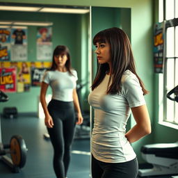 A young woman resembling Mathilda from the movie 'Léon: The Professional,' standing in a vibrant gym