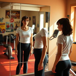 A young woman resembling Mathilda from the movie 'Léon: The Professional,' standing in a vibrant gym