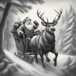 A charming black and white graphite pencil drawing in the style of Disney cartoons, featuring Santa Claus in his sleigh being pulled by reindeer