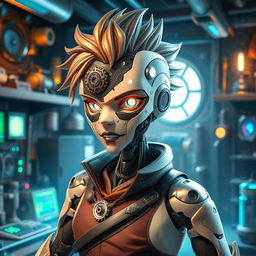 A mechanical doll designed in an anime style, showcasing a male character with a striking mechanical face that combines artistry and technology