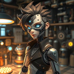 A mechanical doll designed in an anime style, showcasing a male character with a striking mechanical face that combines artistry and technology