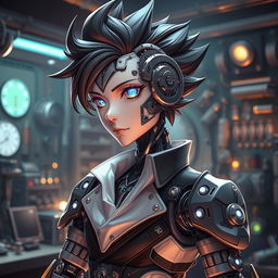 A mechanical doll designed in an anime style, showcasing a male character with a striking mechanical face that combines artistry and technology