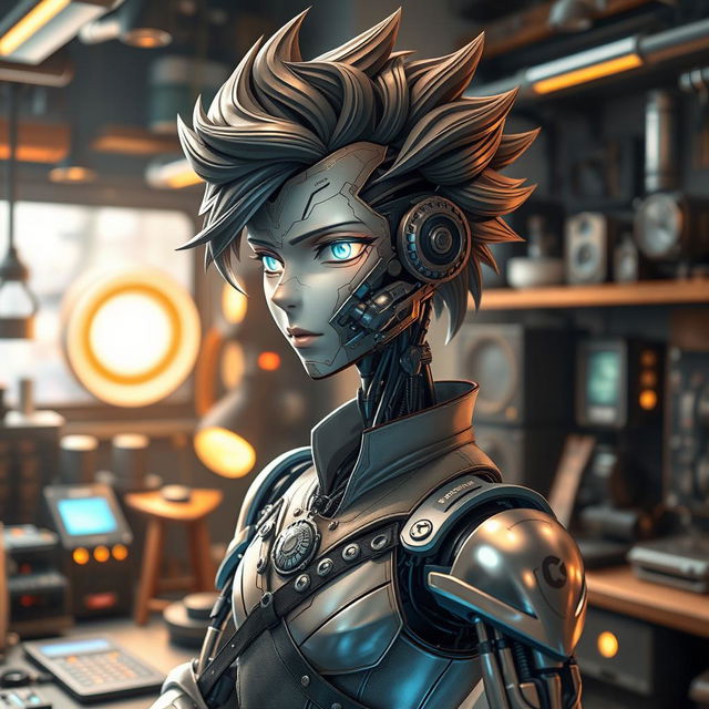 A mechanical doll designed in an anime style, showcasing a male character with a striking mechanical face that combines artistry and technology