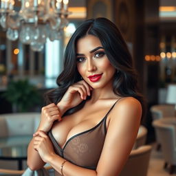 A glamorous woman with Middle Eastern features, dark hair, and striking brown eyes