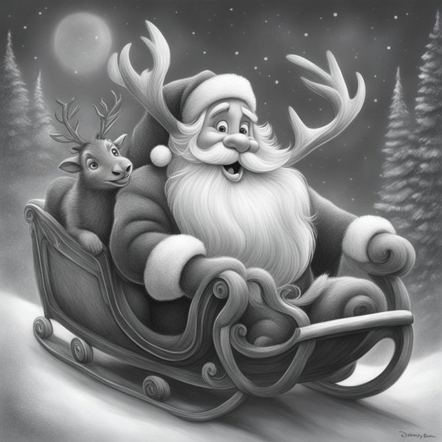 A charming black and white graphite pencil drawing in the style of Disney cartoons, featuring Santa Claus in his sleigh being pulled by reindeer