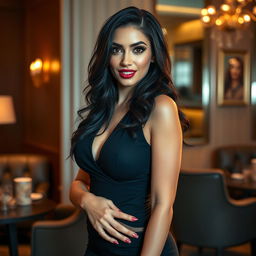 A glamorous woman with Middle Eastern features, dark hair, and striking brown eyes