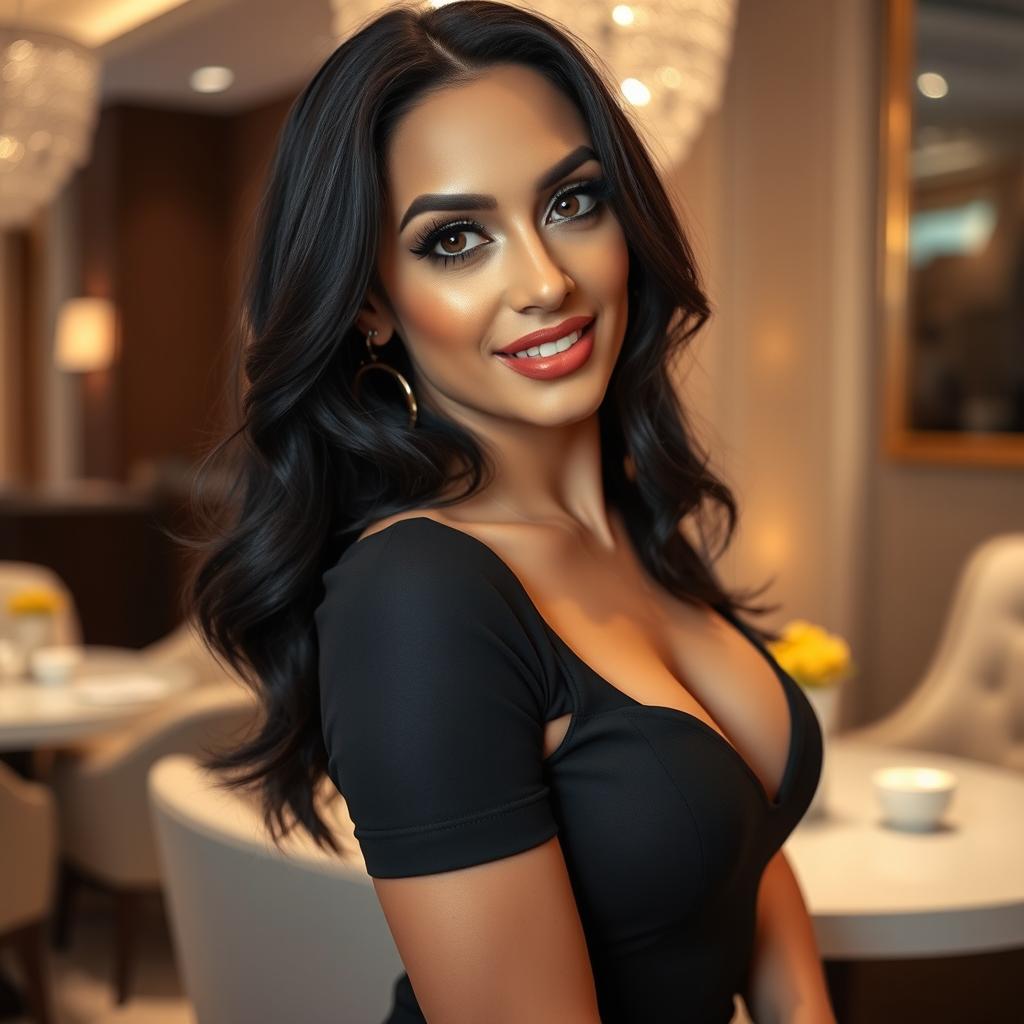 A glamorous woman with Middle Eastern features, dark hair, and striking brown eyes