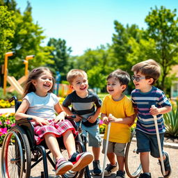 A joyful scene of children with disabilities playing together in a sunny park