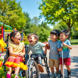 A joyful scene of children with disabilities playing together in a sunny park