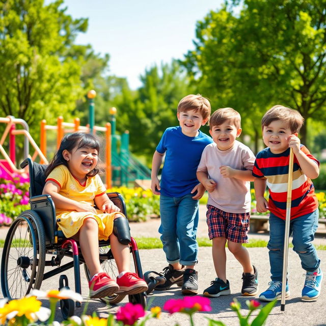 A joyful scene of children with disabilities playing together in a sunny park