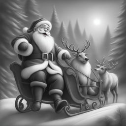 A charming black and white graphite pencil drawing in the style of Disney cartoons, featuring Santa Claus in his sleigh being pulled by reindeer