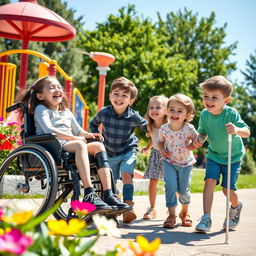 A joyful scene of children with disabilities playing together in a sunny park