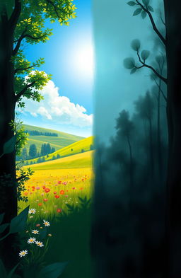 A digital painting showcasing a dramatic split image concept of shadow work