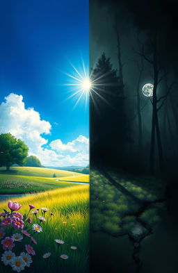 A digital painting showcasing a dramatic split image concept of shadow work