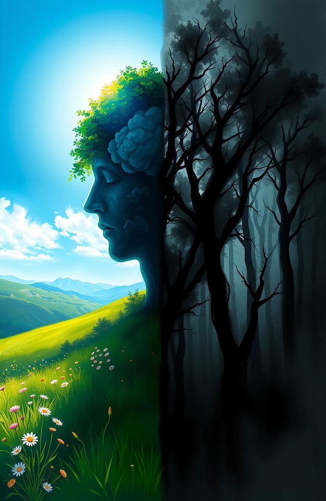 A digital painting showcasing a dramatic split image concept of shadow work