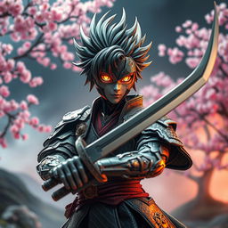 A mechanical doll designed in an anime style, featuring a male swordsman with an intricately crafted mechanical face that exudes a sense of strength and precision