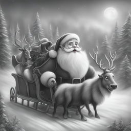 A charming black and white graphite pencil drawing in the style of Disney cartoons, featuring Santa Claus in his sleigh being pulled by reindeer