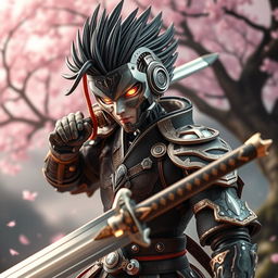 A mechanical doll designed in an anime style, featuring a male swordsman with an intricately crafted mechanical face that exudes a sense of strength and precision