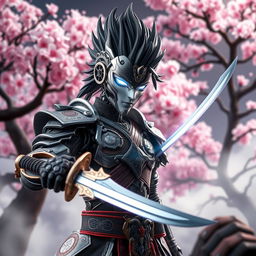 A mechanical doll designed in an anime style, featuring a male swordsman with an intricately crafted mechanical face that exudes a sense of strength and precision