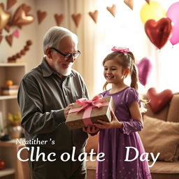 A heartwarming scene on Chocolate Day featuring a loving grandfather presenting a beautifully wrapped chocolate gift to his granddaughter