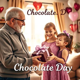 A heartwarming scene on Chocolate Day featuring a loving grandfather presenting a beautifully wrapped chocolate gift to his granddaughter
