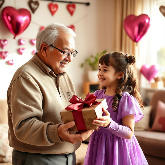 A heartwarming scene on Chocolate Day featuring a loving grandfather presenting a beautifully wrapped chocolate gift to his granddaughter