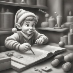 A charming black and white graphite pencil drawing in the style of Disney cartoons, featuring a Christmas elf busy making toys