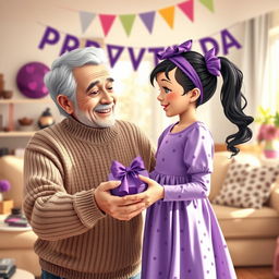A heartwarming scene depicting a loving grandfather giving a chocolate gift to his taller granddaughter who adores the color purple