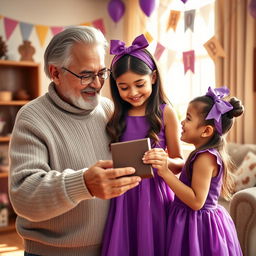 A heartwarming scene depicting a loving grandfather giving a chocolate gift to his taller granddaughter who adores the color purple