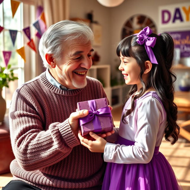 A heartwarming scene depicting a loving grandfather giving a chocolate gift to his taller granddaughter who adores the color purple