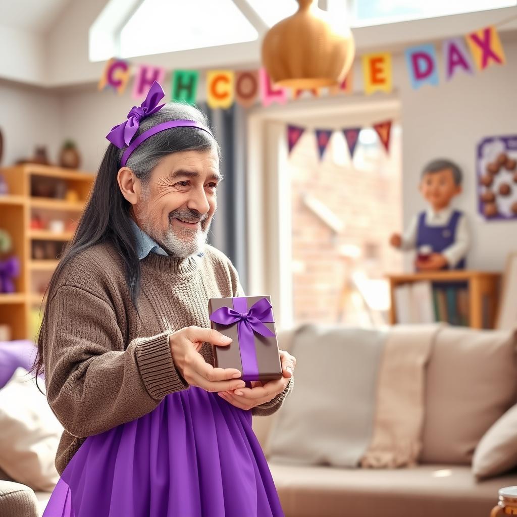 A heartwarming scene depicting a loving grandfather giving a chocolate gift to his taller granddaughter who adores the color purple