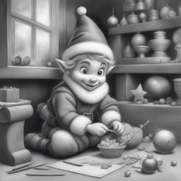 A charming black and white graphite pencil drawing in the style of Disney cartoons, featuring a Christmas elf busy making toys