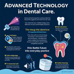 A visually engaging poster highlighting the importance of innovation in dentistry, showcasing advanced technologies like lasers, 3D printing, and artificial intelligence (AI) that facilitate diagnosis and treatment, alongside new materials that provide more effective and comfortable procedures