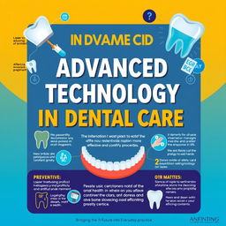 A visually engaging poster highlighting the importance of innovation in dentistry, showcasing advanced technologies like lasers, 3D printing, and artificial intelligence (AI) that facilitate diagnosis and treatment, alongside new materials that provide more effective and comfortable procedures