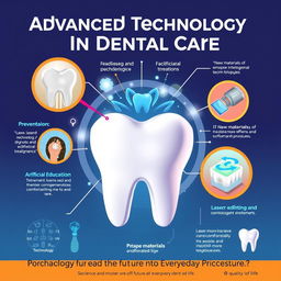 A visually engaging poster highlighting the importance of innovation in dentistry, showcasing advanced technologies like lasers, 3D printing, and artificial intelligence (AI) that facilitate diagnosis and treatment, alongside new materials that provide more effective and comfortable procedures